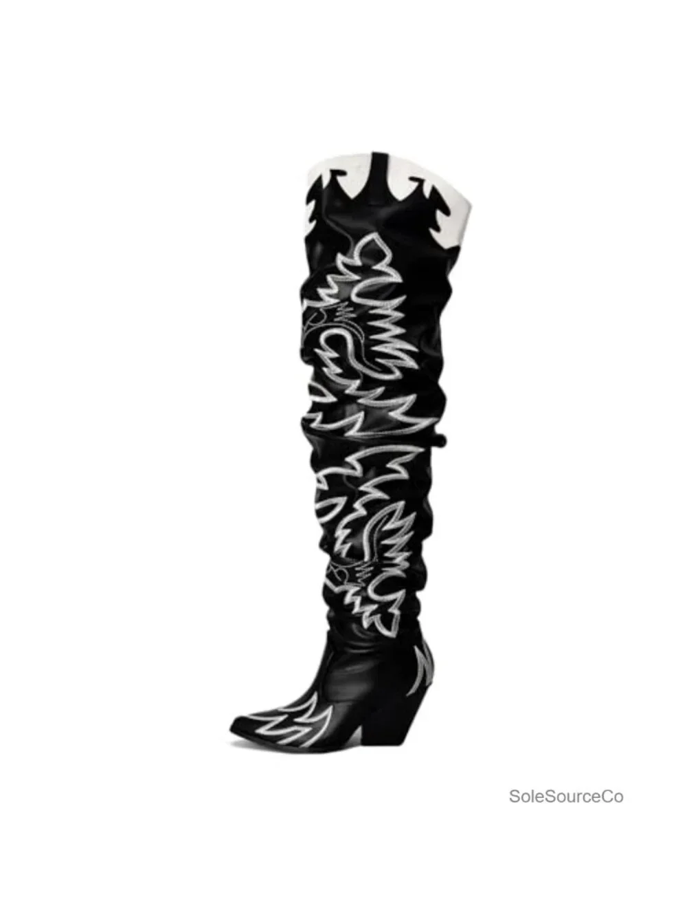 Women's Slouchy Pull-On Thigh High Boots Chunky Heel Pointed Toe Faux Leather